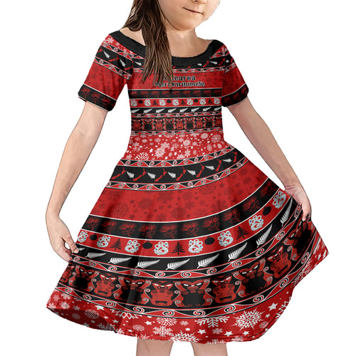 personalised-new-zealand-christmas-kid-short-sleeve-dress-aotearoa-kiwi-meri-kirihimete-red-version