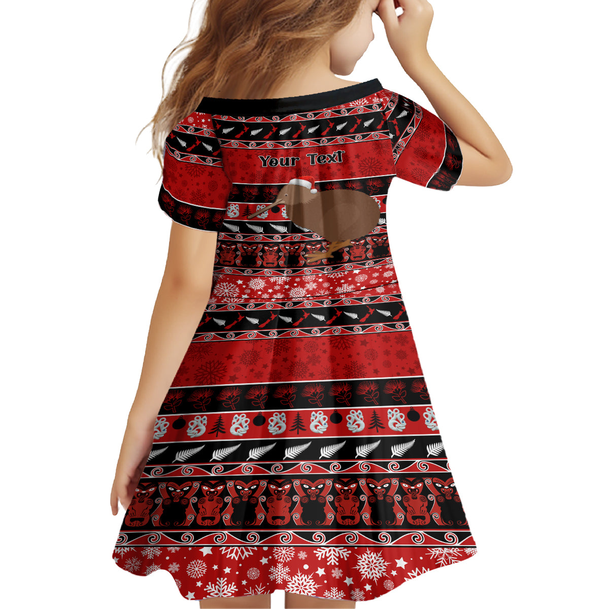 personalised-new-zealand-christmas-kid-short-sleeve-dress-aotearoa-kiwi-meri-kirihimete-red-version