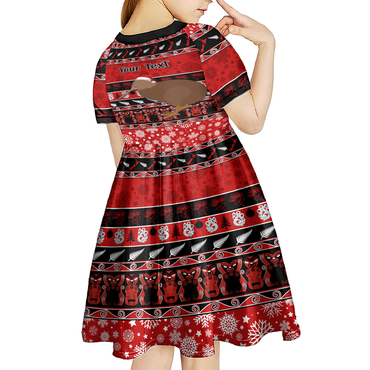 personalised-new-zealand-christmas-kid-short-sleeve-dress-aotearoa-kiwi-meri-kirihimete-red-version