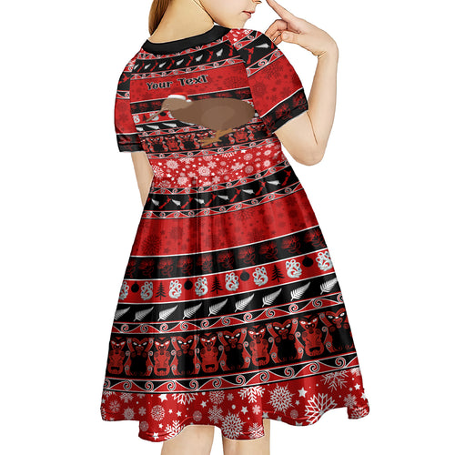personalised-new-zealand-christmas-kid-short-sleeve-dress-aotearoa-kiwi-meri-kirihimete-red-version