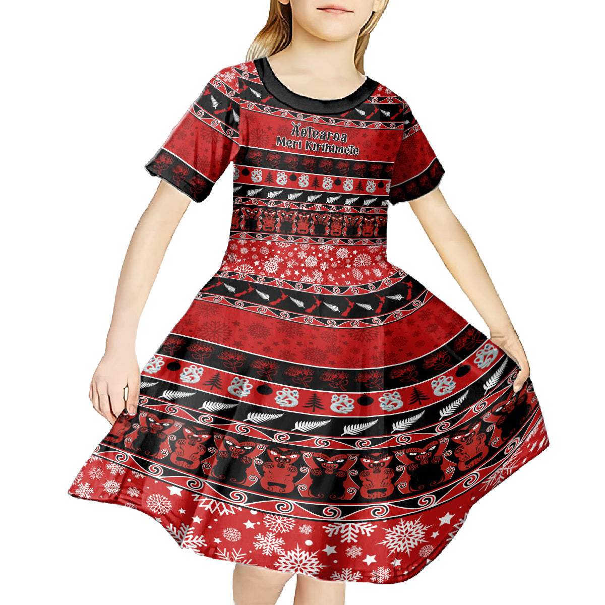personalised-new-zealand-christmas-kid-short-sleeve-dress-aotearoa-kiwi-meri-kirihimete-red-version