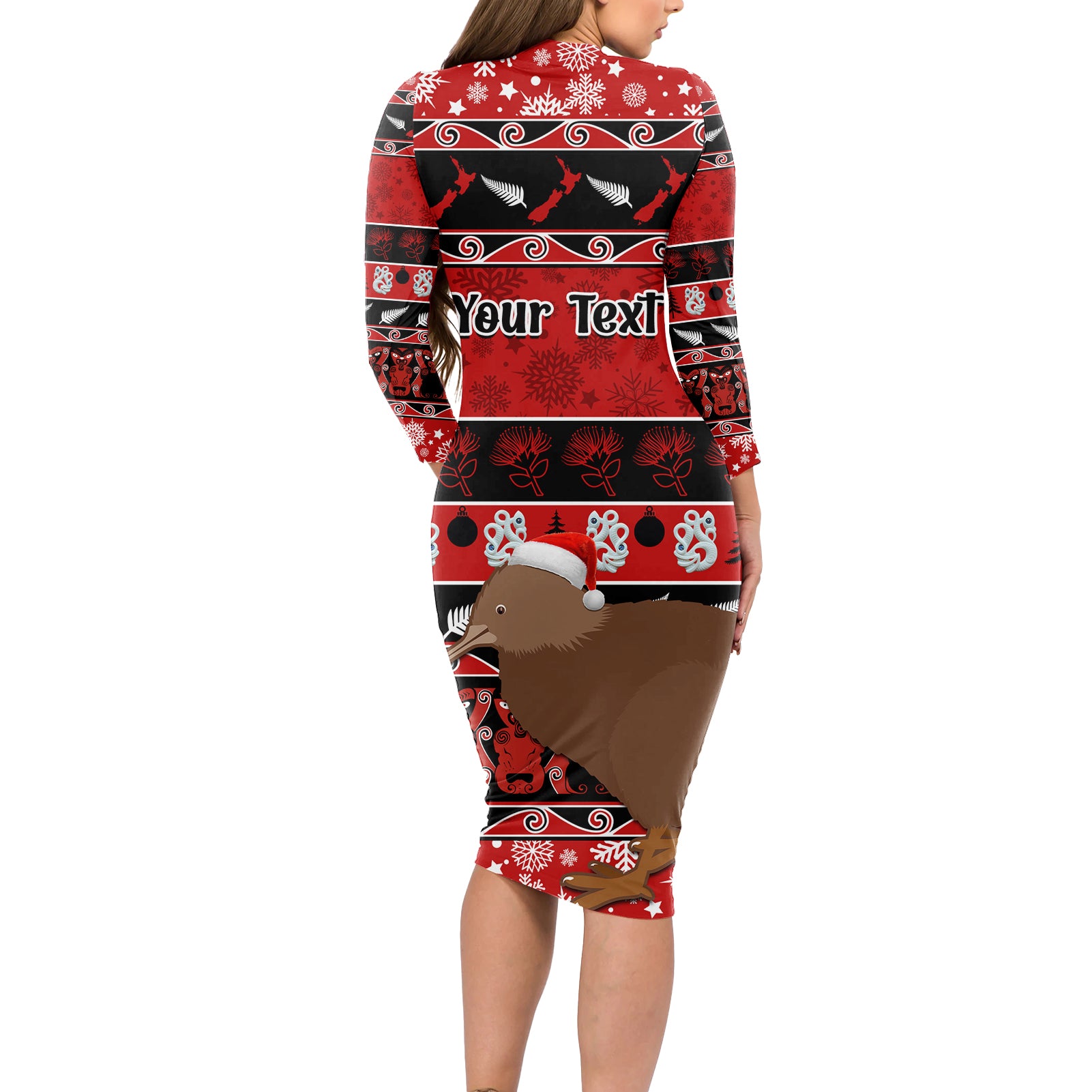 personalised-new-zealand-christmas-long-sleeve-bodycon-dress-aotearoa-kiwi-meri-kirihimete-red-version