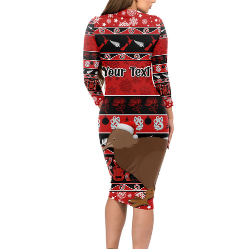 personalised-new-zealand-christmas-long-sleeve-bodycon-dress-aotearoa-kiwi-meri-kirihimete-red-version