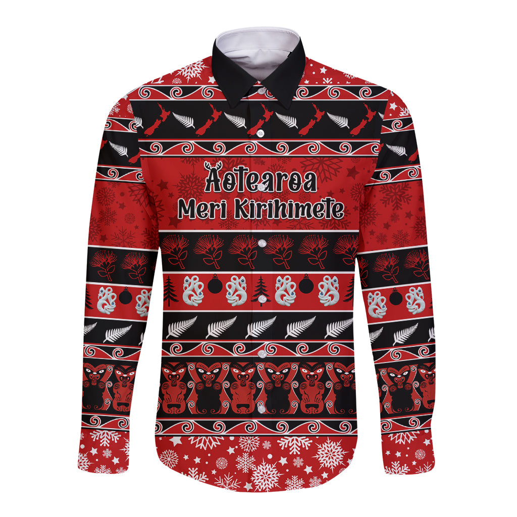 personalised-new-zealand-christmas-long-sleeve-button-shirt-aotearoa-kiwi-meri-kirihimete-red-version