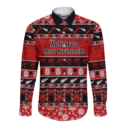 personalised-new-zealand-christmas-long-sleeve-button-shirt-aotearoa-kiwi-meri-kirihimete-red-version