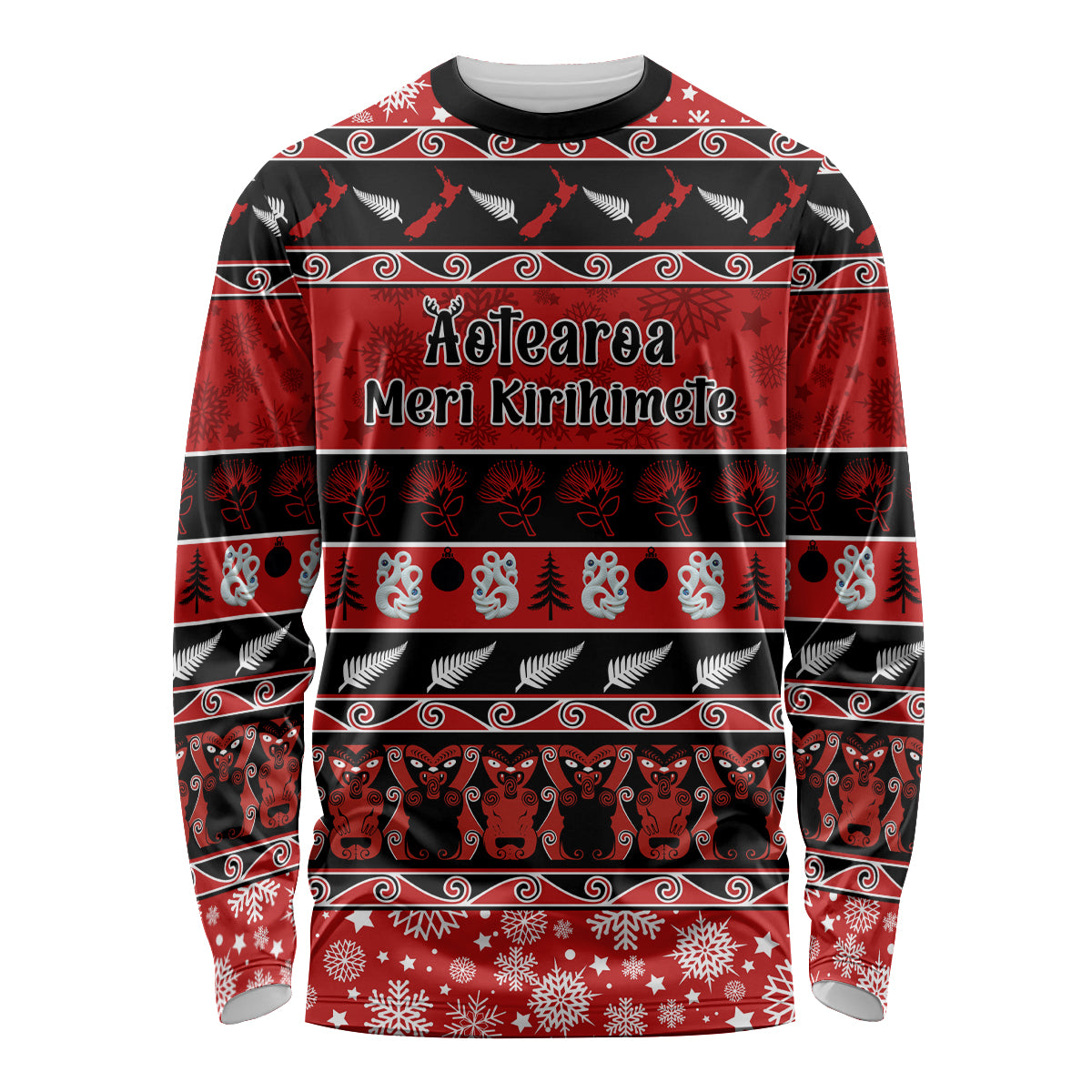 personalised-new-zealand-christmas-long-sleeve-shirt-aotearoa-kiwi-meri-kirihimete-red-version