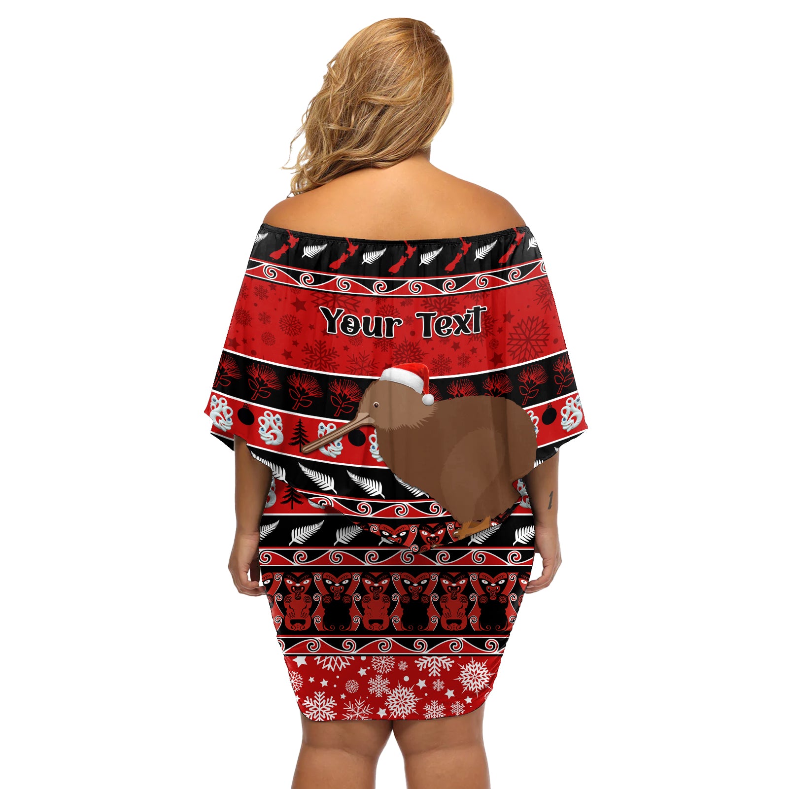 personalised-new-zealand-christmas-off-shoulder-short-dress-aotearoa-kiwi-meri-kirihimete-red-version