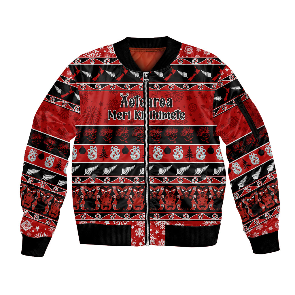personalised-new-zealand-christmas-sleeve-zip-bomber-jacket-aotearoa-kiwi-meri-kirihimete-red-version