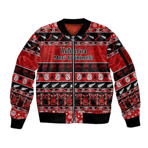 personalised-new-zealand-christmas-sleeve-zip-bomber-jacket-aotearoa-kiwi-meri-kirihimete-red-version