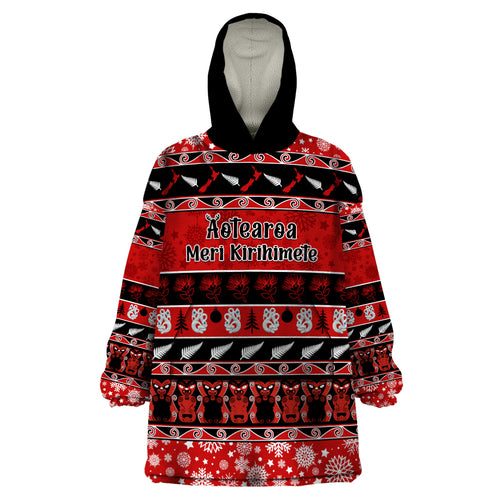 personalised-new-zealand-christmas-wearable-blanket-hoodie-aotearoa-kiwi-meri-kirihimete-red-version