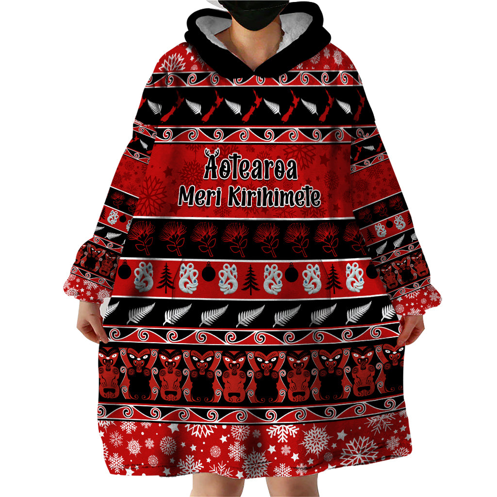personalised-new-zealand-christmas-wearable-blanket-hoodie-aotearoa-kiwi-meri-kirihimete-red-version