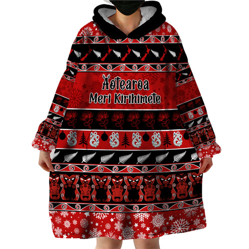 personalised-new-zealand-christmas-wearable-blanket-hoodie-aotearoa-kiwi-meri-kirihimete-red-version