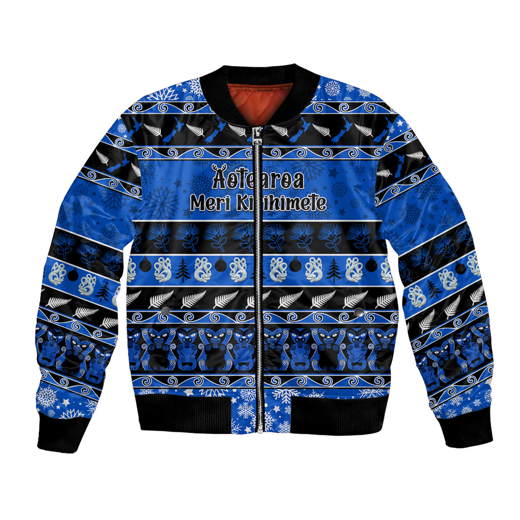 personalised-new-zealand-christmas-bomber-jacket-aotearoa-kiwi-meri-kirihimete-blue-version