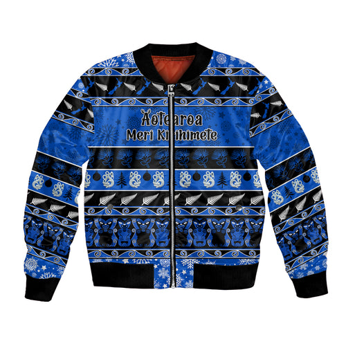 personalised-new-zealand-christmas-bomber-jacket-aotearoa-kiwi-meri-kirihimete-blue-version