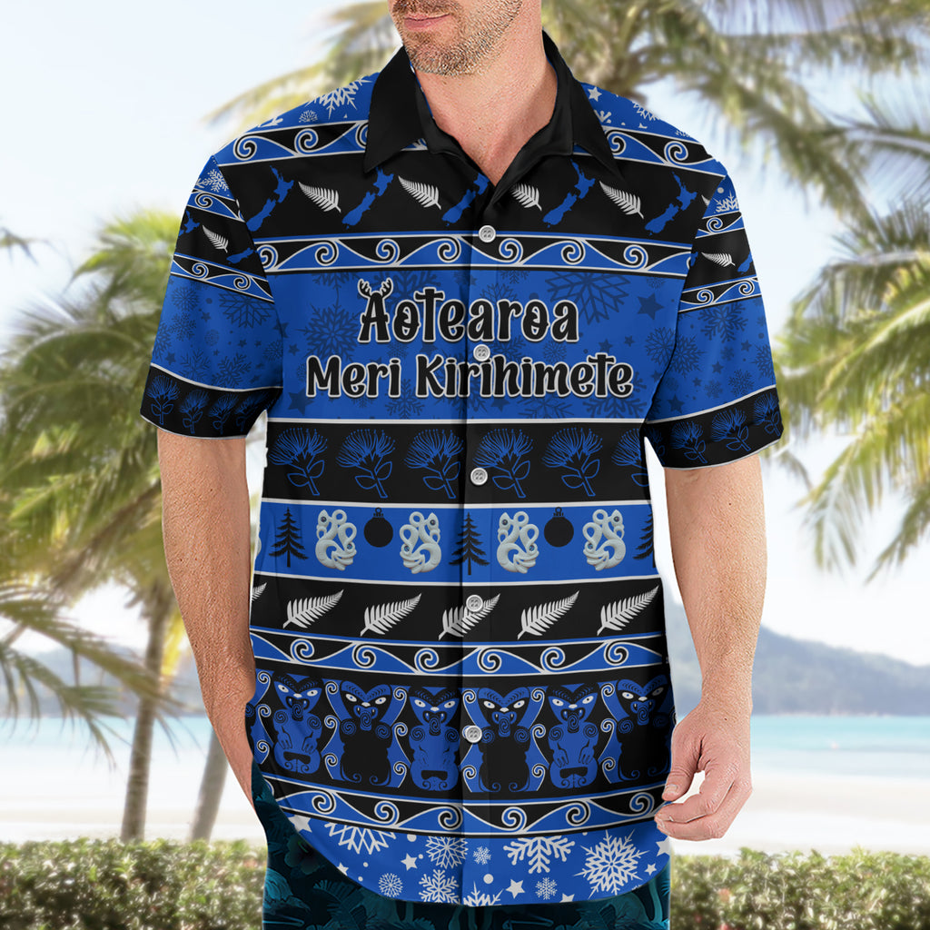 personalised-new-zealand-christmas-hawaiian-shirt-aotearoa-kiwi-meri-kirihimete-blue-version