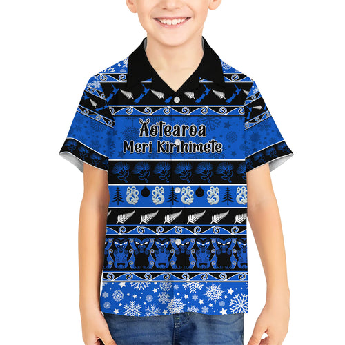 personalised-new-zealand-christmas-kid-hawaiian-shirt-aotearoa-kiwi-meri-kirihimete-blue-version
