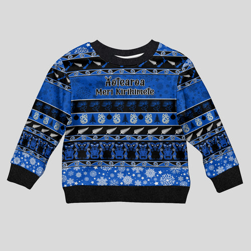 personalised-new-zealand-christmas-kid-ugly-christmas-sweater-aotearoa-kiwi-meri-kirihimete-blue-version