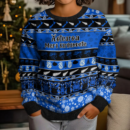 personalised-new-zealand-christmas-kid-ugly-christmas-sweater-aotearoa-kiwi-meri-kirihimete-blue-version