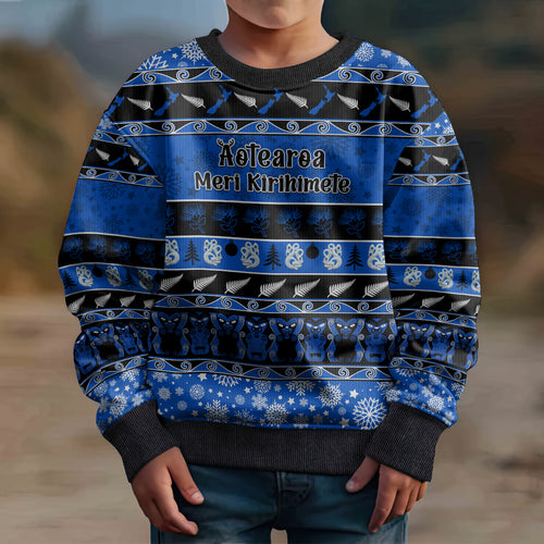 personalised-new-zealand-christmas-kid-ugly-christmas-sweater-aotearoa-kiwi-meri-kirihimete-blue-version