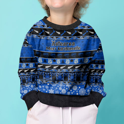 personalised-new-zealand-christmas-kid-ugly-christmas-sweater-aotearoa-kiwi-meri-kirihimete-blue-version
