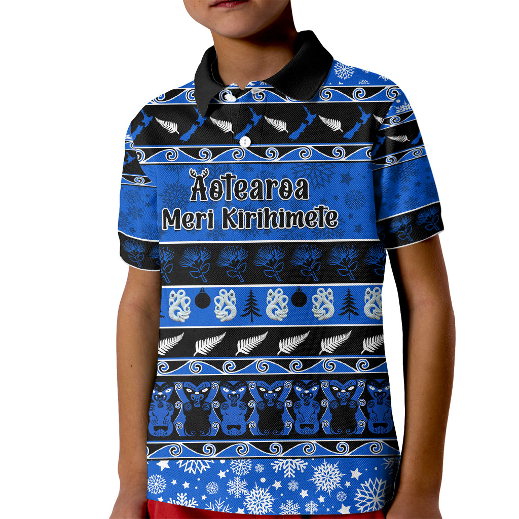 personalised-new-zealand-christmas-kid-polo-shirt-aotearoa-kiwi-meri-kirihimete-blue-version