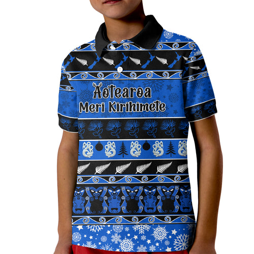 personalised-new-zealand-christmas-kid-polo-shirt-aotearoa-kiwi-meri-kirihimete-blue-version