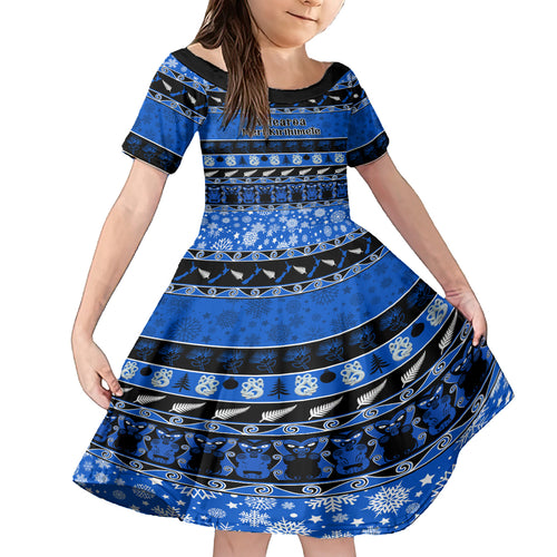 personalised-new-zealand-christmas-kid-short-sleeve-dress-aotearoa-kiwi-meri-kirihimete-blue-version