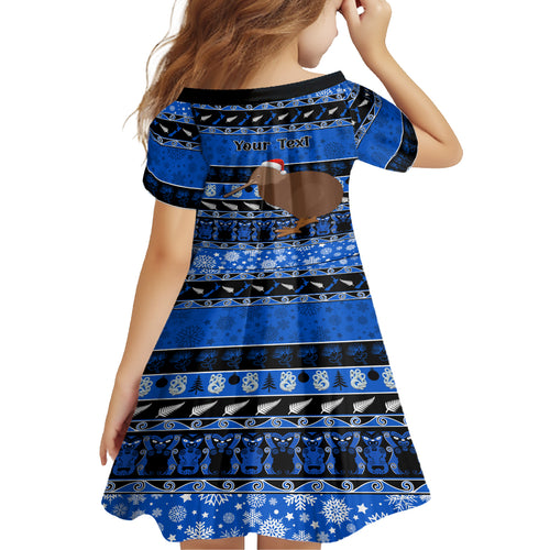 personalised-new-zealand-christmas-kid-short-sleeve-dress-aotearoa-kiwi-meri-kirihimete-blue-version