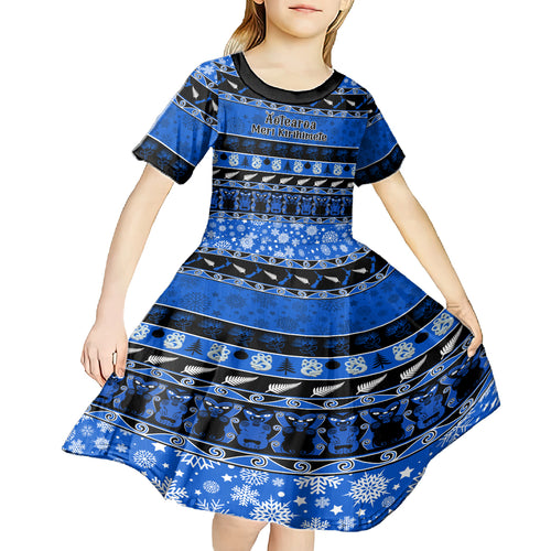 personalised-new-zealand-christmas-kid-short-sleeve-dress-aotearoa-kiwi-meri-kirihimete-blue-version