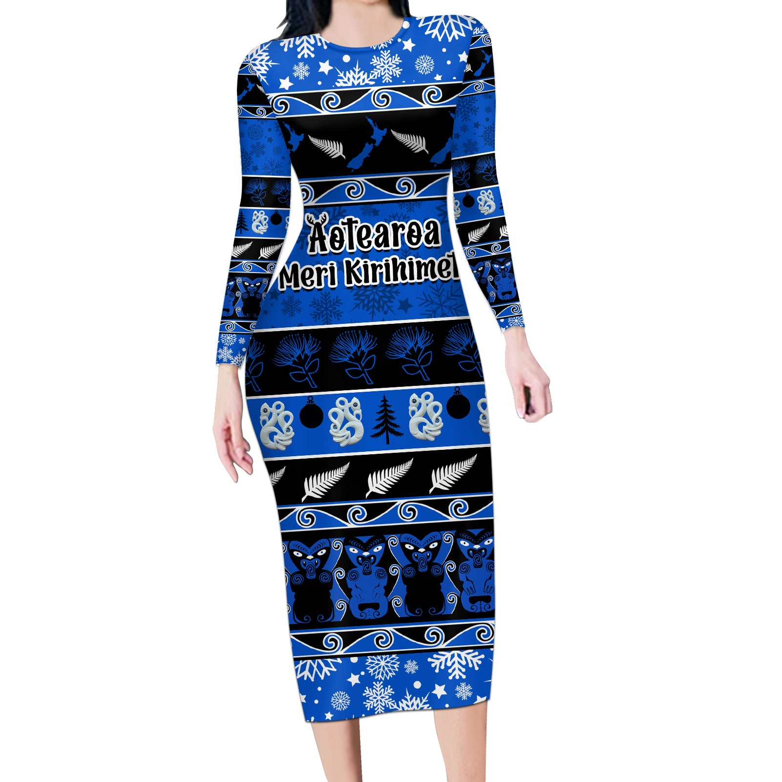 personalised-new-zealand-christmas-long-sleeve-bodycon-dress-aotearoa-kiwi-meri-kirihimete-blue-version