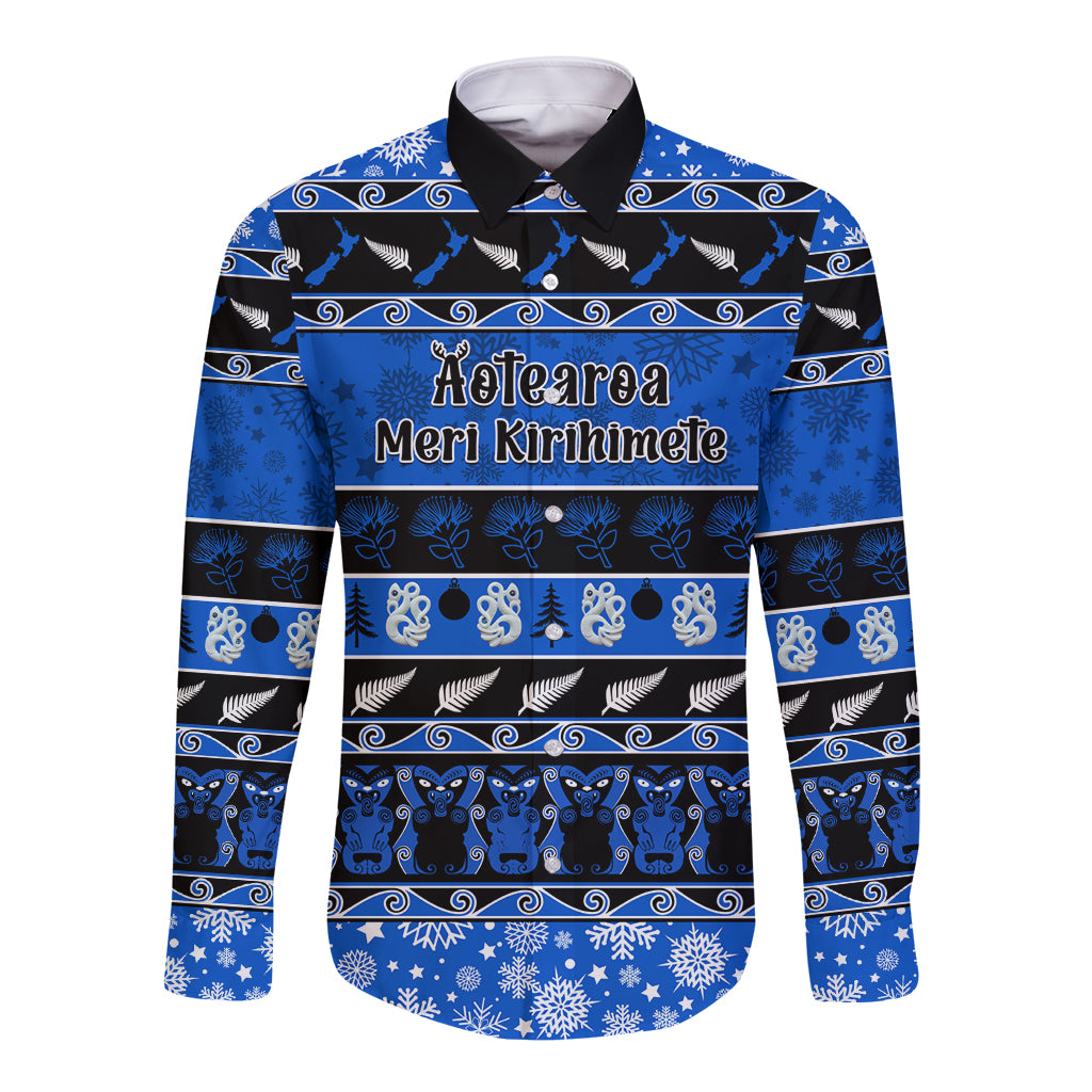 personalised-new-zealand-christmas-long-sleeve-button-shirt-aotearoa-kiwi-meri-kirihimete-blue-version
