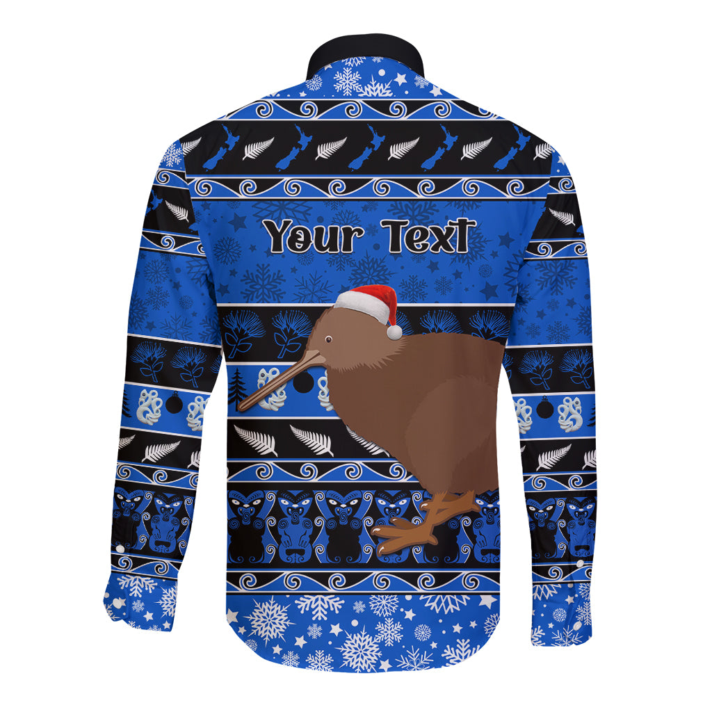 personalised-new-zealand-christmas-long-sleeve-button-shirt-aotearoa-kiwi-meri-kirihimete-blue-version