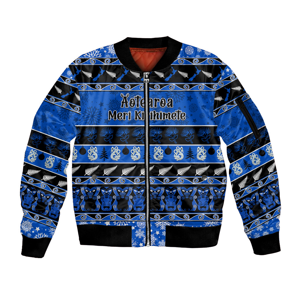 personalised-new-zealand-christmas-sleeve-zip-bomber-jacket-aotearoa-kiwi-meri-kirihimete-blue-version