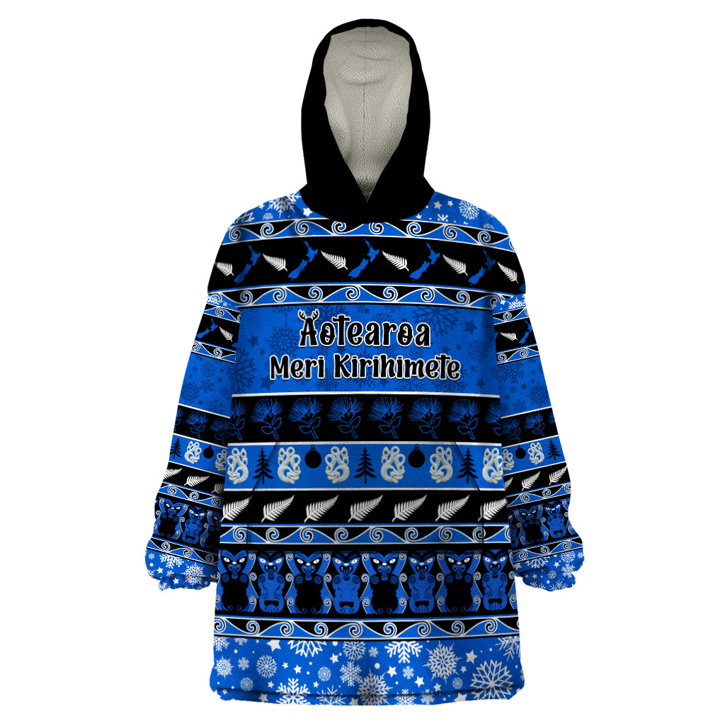 personalised-new-zealand-christmas-wearable-blanket-hoodie-aotearoa-kiwi-meri-kirihimete-blue-version
