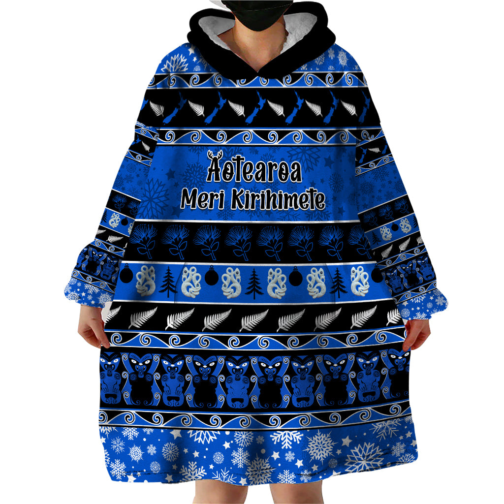 personalised-new-zealand-christmas-wearable-blanket-hoodie-aotearoa-kiwi-meri-kirihimete-blue-version