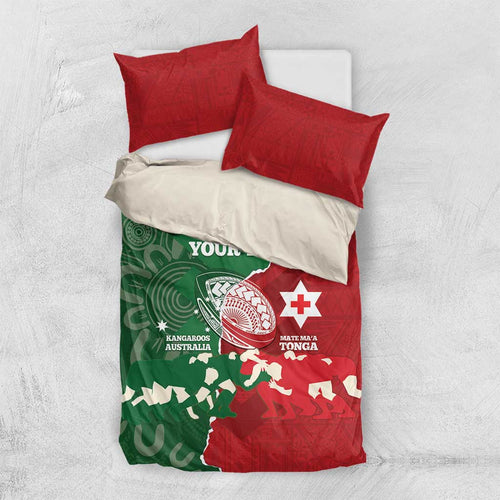Custom Tonga And Australia Rugby Bedding Set Mate Maa Tongan Ngatu Mix Kangaroos Aboriginal