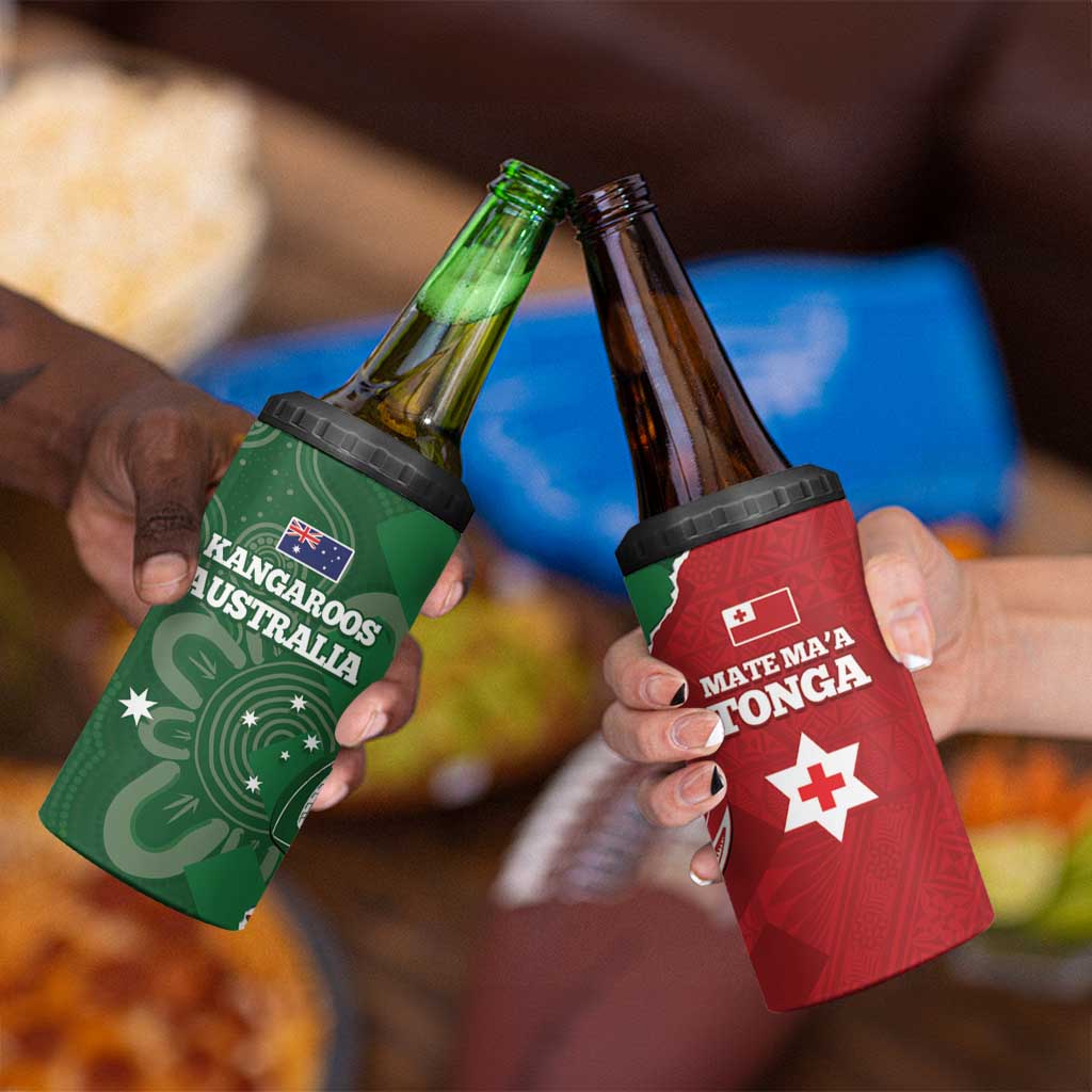 Tonga And Australia Rugby 4 in 1 Can Cooler Tumbler Mate Maa Tongan Ngatu Mix Kangaroos Aboriginal