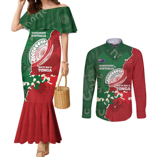 Custom Tonga And Australia Rugby Couples Matching Mermaid Dress and Long Sleeve Button Shirt Mate Maa Tongan Ngatu Mix Kangaroos Aboriginal