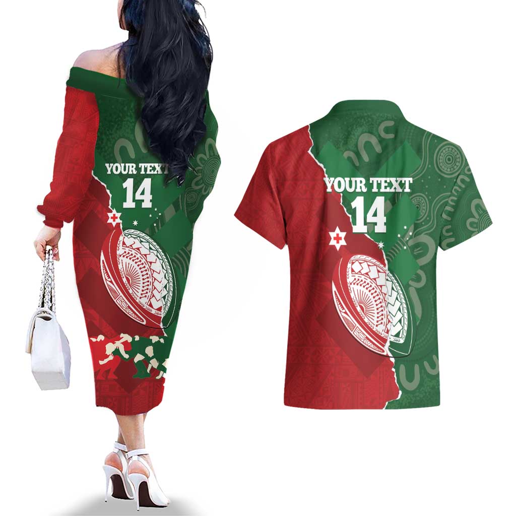 Custom Tonga And Australia Rugby Couples Matching Off The Shoulder Long Sleeve Dress and Hawaiian Shirt Mate Maa Tongan Ngatu Mix Kangaroos Aboriginal