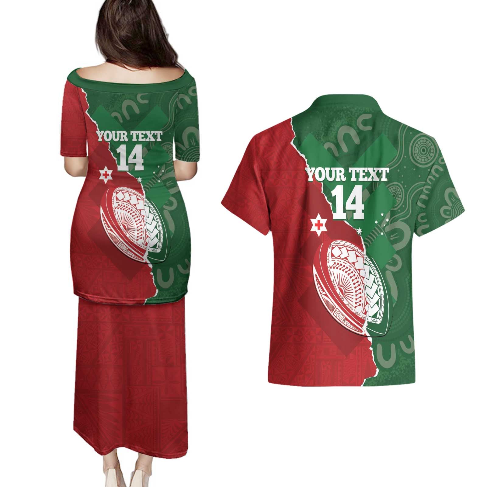 Custom Tonga And Australia Rugby Couples Matching Puletasi and Hawaiian Shirt Mate Maa Tongan Ngatu Mix Kangaroos Aboriginal