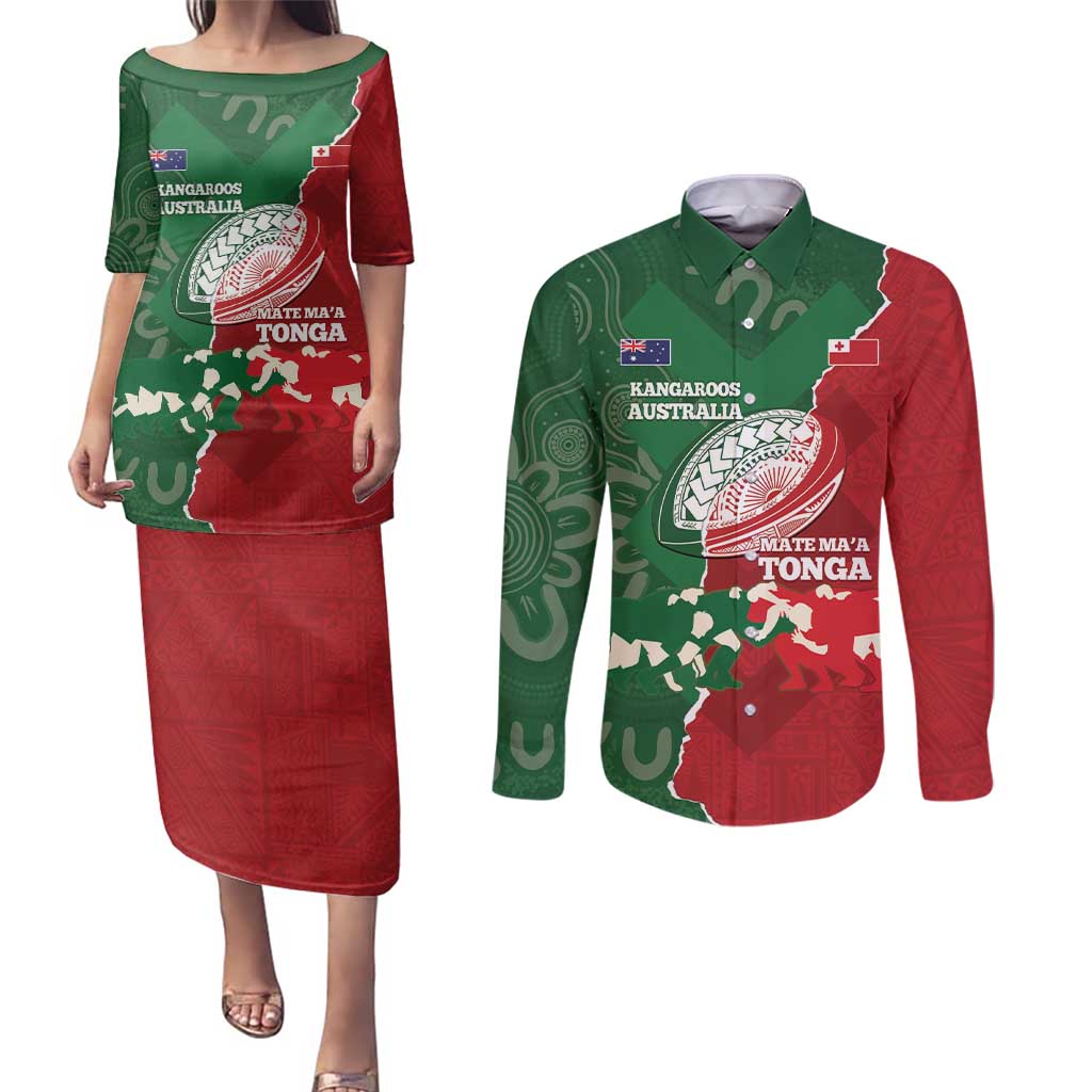 Custom Tonga And Australia Rugby Couples Matching Puletasi and Long Sleeve Button Shirt Mate Maa Tongan Ngatu Mix Kangaroos Aboriginal