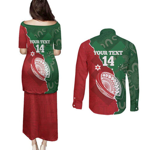 Custom Tonga And Australia Rugby Couples Matching Puletasi and Long Sleeve Button Shirt Mate Maa Tongan Ngatu Mix Kangaroos Aboriginal