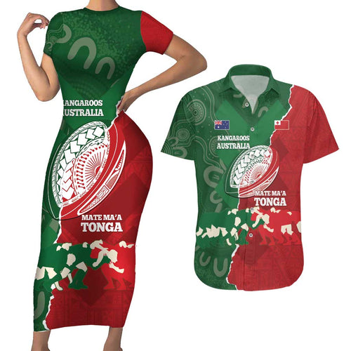 Custom Tonga And Australia Rugby Couples Matching Short Sleeve Bodycon Dress and Hawaiian Shirt Mate Maa Tongan Ngatu Mix Kangaroos Aboriginal