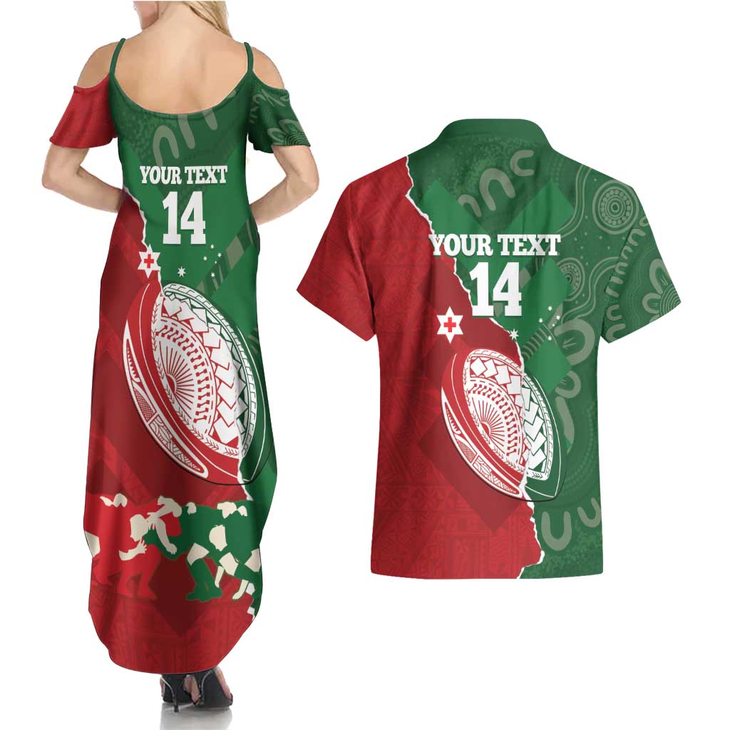 Custom Tonga And Australia Rugby Couples Matching Summer Maxi Dress and Hawaiian Shirt Mate Maa Tongan Ngatu Mix Kangaroos Aboriginal