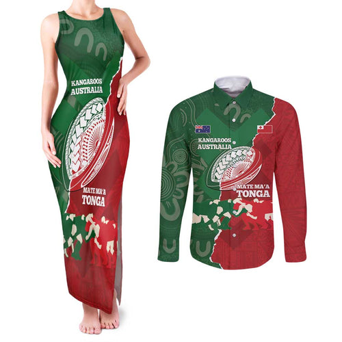 Custom Tonga And Australia Rugby Couples Matching Tank Maxi Dress and Long Sleeve Button Shirt Mate Maa Tongan Ngatu Mix Kangaroos Aboriginal