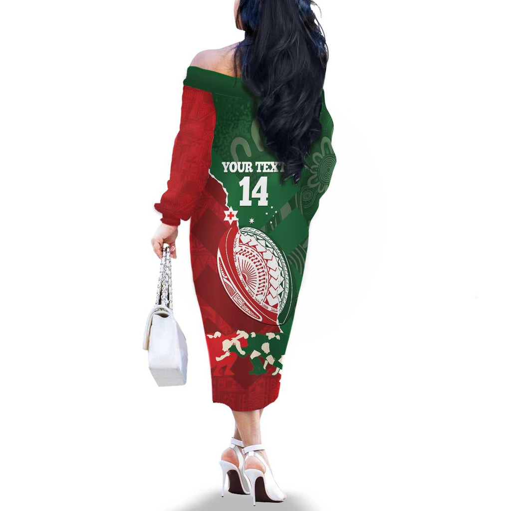 Custom Tonga And Australia Rugby Family Matching Off The Shoulder Long Sleeve Dress and Hawaiian Shirt Mate Maa Tongan Ngatu Mix Kangaroos Aboriginal