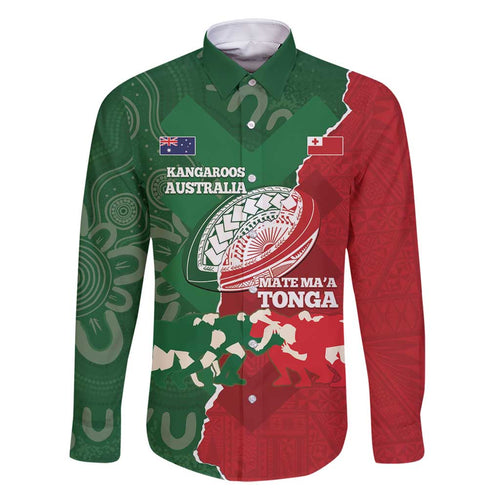 Custom Tonga And Australia Rugby Family Matching Off Shoulder Short Dress and Hawaiian Shirt Mate Maa Tongan Ngatu Mix Kangaroos Aboriginal