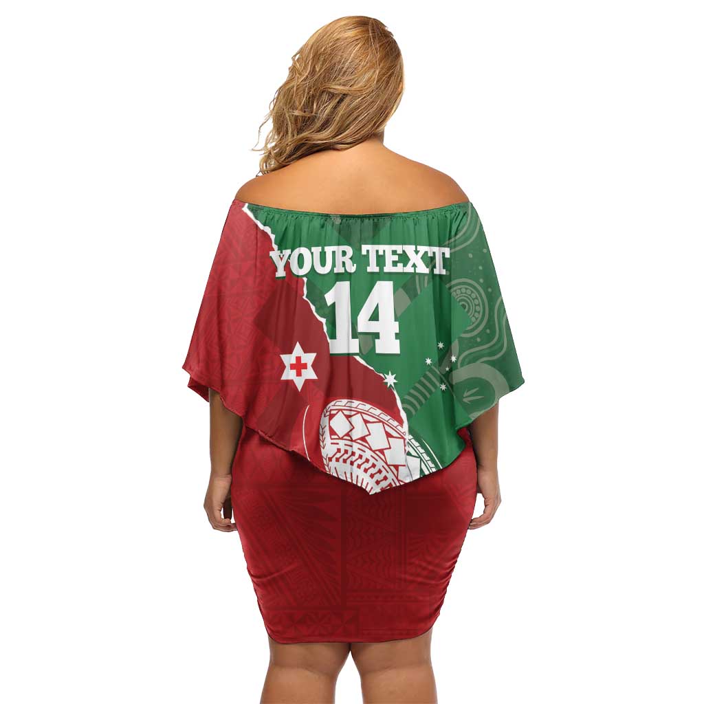 Custom Tonga And Australia Rugby Family Matching Off Shoulder Short Dress and Hawaiian Shirt Mate Maa Tongan Ngatu Mix Kangaroos Aboriginal