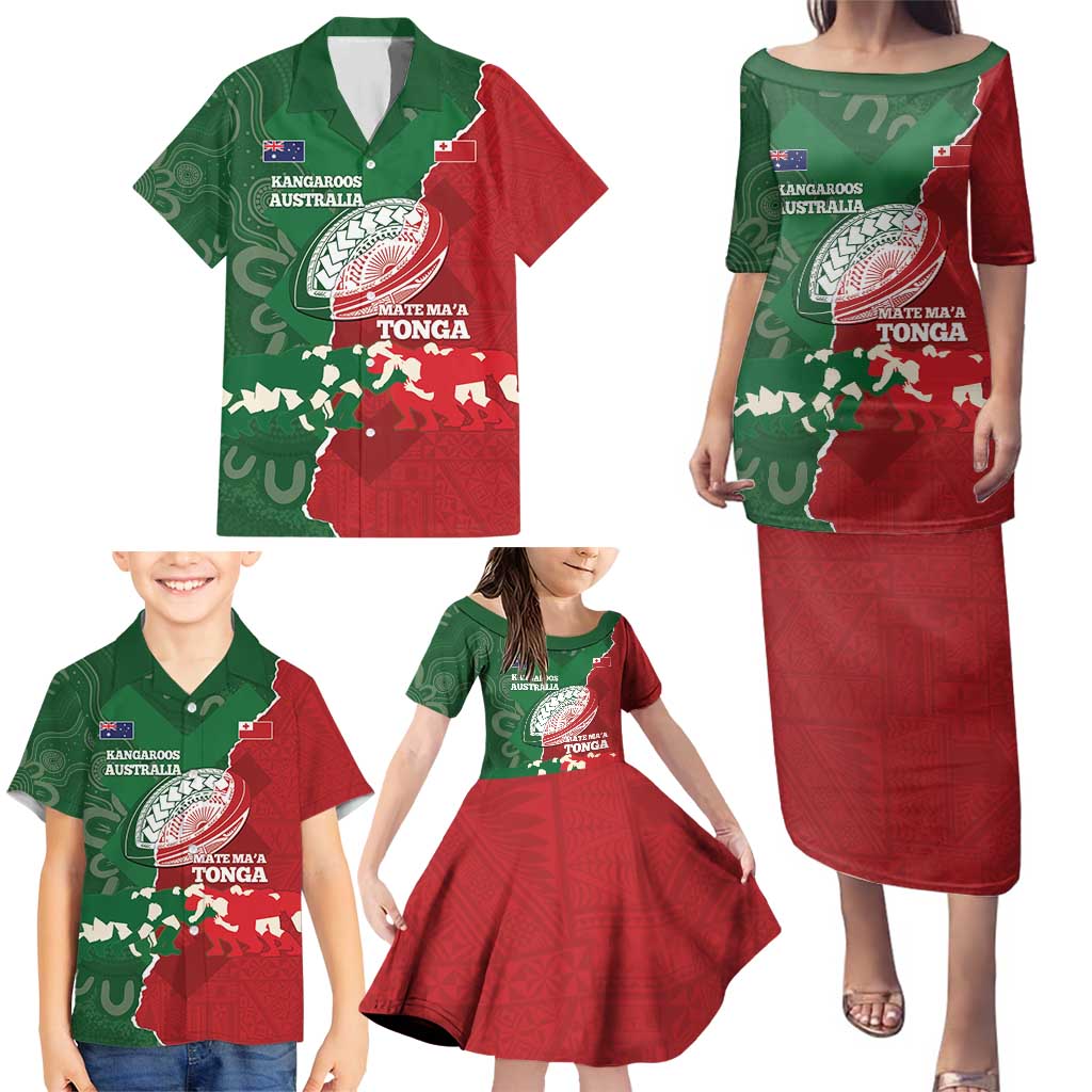 Custom Tonga And Australia Rugby Family Matching Puletasi and Hawaiian Shirt Mate Maa Tongan Ngatu Mix Kangaroos Aboriginal