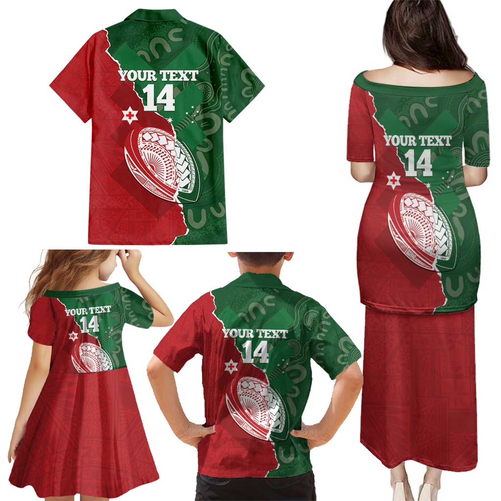 Custom Tonga And Australia Rugby Family Matching Puletasi and Hawaiian Shirt Mate Maa Tongan Ngatu Mix Kangaroos Aboriginal